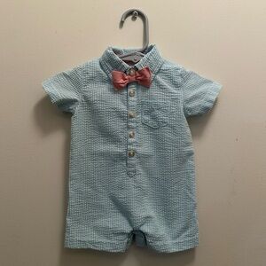 Edgehill Collection Striped Seersucker Romper with Pink Bow Tie